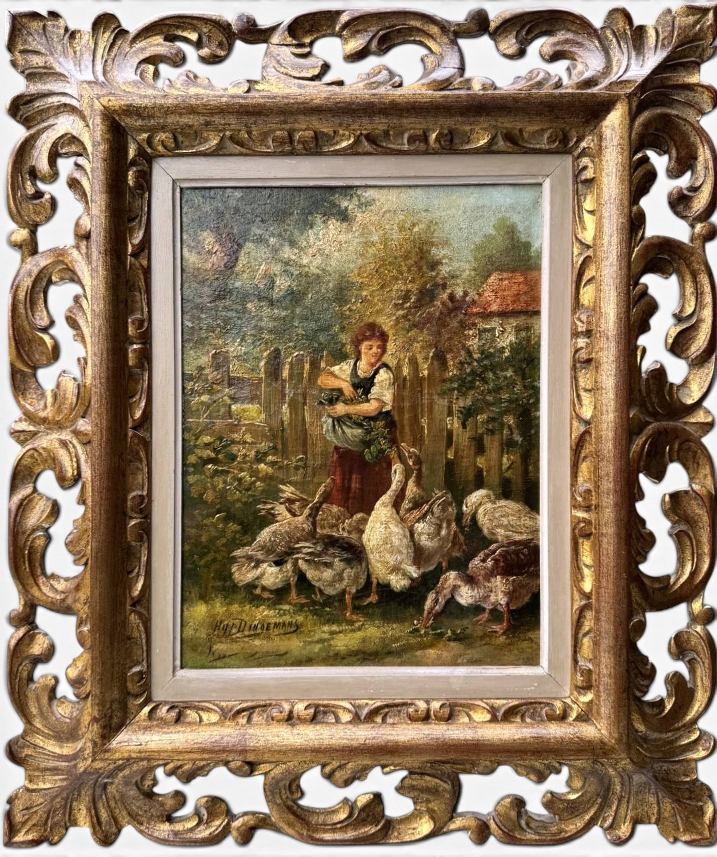 Antique Belgian Oil Painting Woman Feeding Geese by Hyppolyte Dingemans (1885-1907)